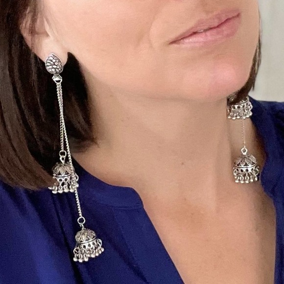 Bollywood-inspired Silver Jhumka Earrings with Elegant Duster Length Design - Picture 11 of 12